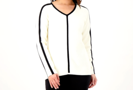 Attitudes by Renee V-Neck Ribbed Sweater with Contrast Piping - Tonal Cr... - £28.68 GBP