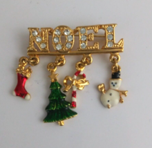 Noel Jeweled Gold Tone Dangling Christmas Lapel Hat Pin - £5.04 GBP