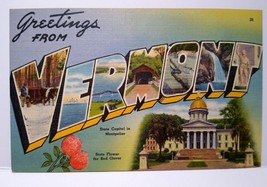 Greetings From Vermont Large Big Letter Linen Postcard Unused Red Clover Flowers - £7.97 GBP