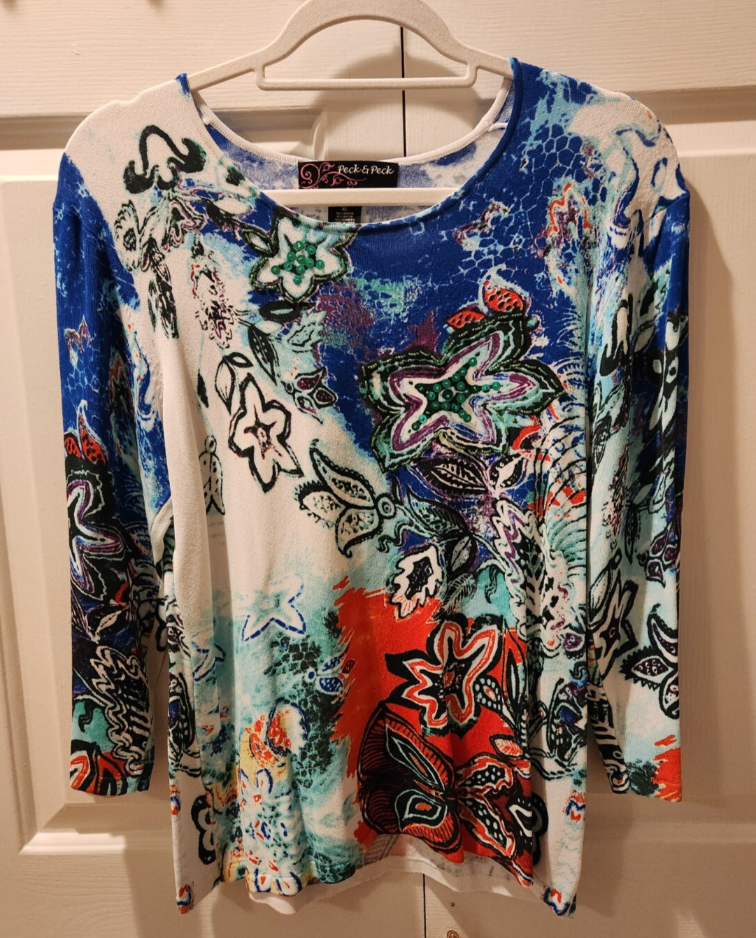 Peck &amp; Peck XL Colorful Print Rayon/Nylon/Spandex Knit Top Stretchy 3/4 ... - £17.15 GBP