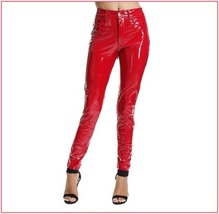 Bright Red Tight Fit Faux Leather High Waist Front Zip Up Legging Pencil Pants image 2
