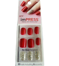 NEW Kiss Nails Impress Press On Manicure Short Gel Red Silver Sparkle Christmas - £10.29 GBP