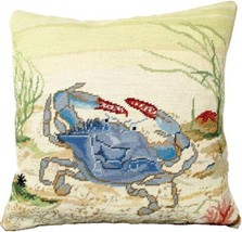 Throw Pillow Needlepoint Crab 18x18 Blue Beige Wool Velvet Back Handmade - £226.60 GBP
