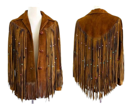 Women Western Wear Cowgirl Brown Suede Leather Long Beaded Fringes Jacke... - $159.00