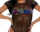 Palm Tree Print Mesh Bodysuit Hooded Sheer Short Sleeves Black 338555 S/M - £39.24 GBP