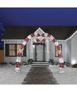 10&#39; SEQUIN CANDY CANE ARCHWAY w GOLD BOWS &amp; HOLYBERRIES LED CHRISTMAS SC... - $361.35