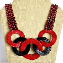 Chunky 3-Ring Multi Strand Beaded Red Black Gold Tone Necklace 26in - £11.68 GBP