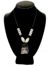 Cream &amp; Black Beads Designs Brown Pendant Vintage Necklace, Black Cord 18&quot; - £10.38 GBP