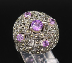 925 Sterling Silver - Vintage Amethyst Cross &amp; Marcasite Dome Ring Sz 7-... - $39.81