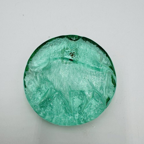 Blenko Art Glass Green Zodiac Taurus Green Paperweight Original Sticker - $58.50