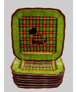222 Fifth Christmas Scotty Argyle Square Appetizer Plates Set of 8 - £67.44 GBP
