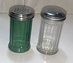 Lot Of  Glass Dispensers, Sugar Shaker Silver Metal Lids, Green&amp; Clear, Ribbed - £12.56 GBP