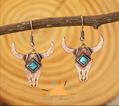 Western Style Cow Skull Bronze Turquoise Dangle Earrings - £3.85 GBP