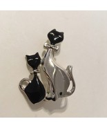 Double Kitty Cats Pin Brooch 2 Kitties Vintage Silver Metal Black Enamel... - £16.07 GBP