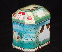 Folk Art Farm Litho Tin Can Metal Storage Container Lamb Cow Rooster Far... - $12.86