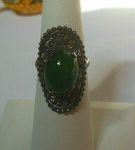 Vintage Art Deco Filigree Green Jelly Belly Ring Size 5.5- adjustable - $33.41