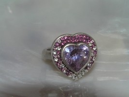 Estate 925 Marked Silver Band with Purple &amp; Clear Rhinestone HEART Paste Ring  - £16.91 GBP
