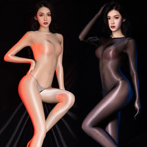 Women&#39;s See Through Spandex Shiny Silky Bodycon Open Crotch Jumpsuit with Gloves - £14.21 GBP