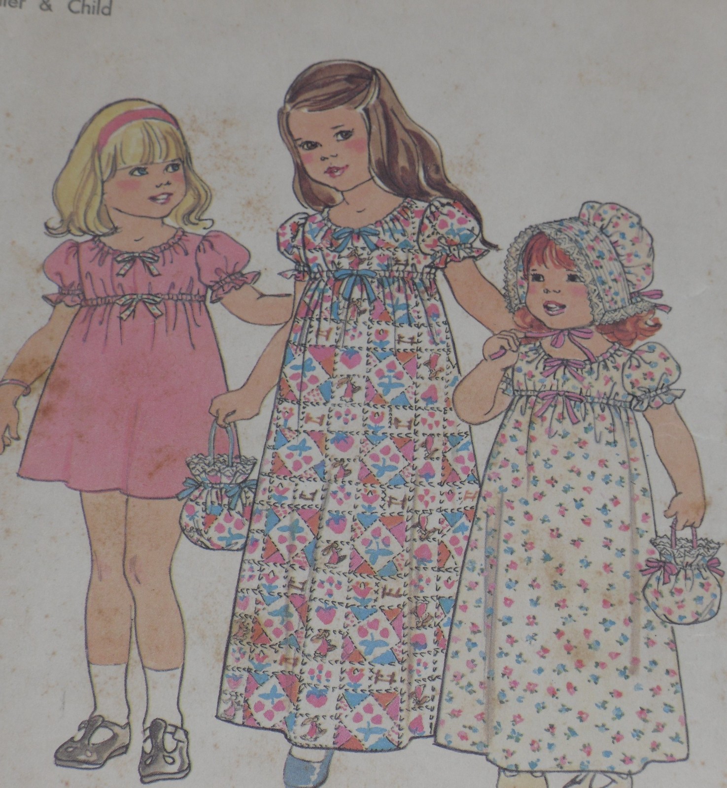 Primary image for Simplicity 7275 Pattern Girls Dress in 2 Lengths, Bonnet & Bag Size 4 Vintage