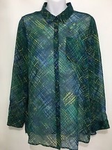 J. Jill M Green Blue Cross-Hatch Sheer Chiffon Long-Sleeve Blouse Tunic - $24.01