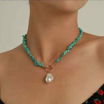 Pearl Pendant Turquoise Beaded Boho Ethnic Style Necklace Jewelry - £18.77 GBP