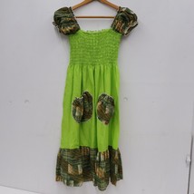 Vintage 70&#39;s Shirred Neon Green Midi Peasant Dress XS S Plaid Smocked - £30.00 GBP