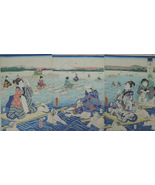 Authentic Ukiyo-e by Kunimitsu - &quot;Oigawa no Watashi&quot; Triptych , the Edo ... - $498.00