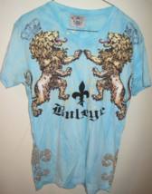 BULZEYE COUTURE RHINESTONE Blue Short sleeve Gangster Shirt Sz Medium - $45.00