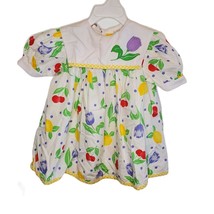 Vintage Girls 2T Bib Dress White Fruit Print Tulips Lemons Cherries - $27.97