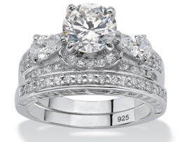 Round Cz Pear Bridal 2 Ring Set Platinum Sterling Silver 6 7 8 9 10 - £160.25 GBP