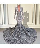 Silver Sparkly Prom Dresses Long Sleeve Classic Prom Gown for Black Girls  - £157.70 GBP