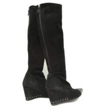 Chanel Black Suede Over The Knee Leather Boots Pointed Wedge Silver Chain 40.5 - £338.77 GBP