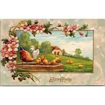 Antique Embossed Easter Greeting Postcard, Chicken Chicks Gilded Floral Pastoral - £8.37 GBP