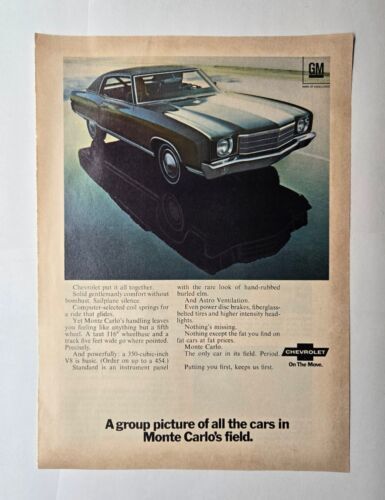 Chevrolet Monte Carlo Group Picture In Our Field 1970 Magazine Print Ad - $9.89
