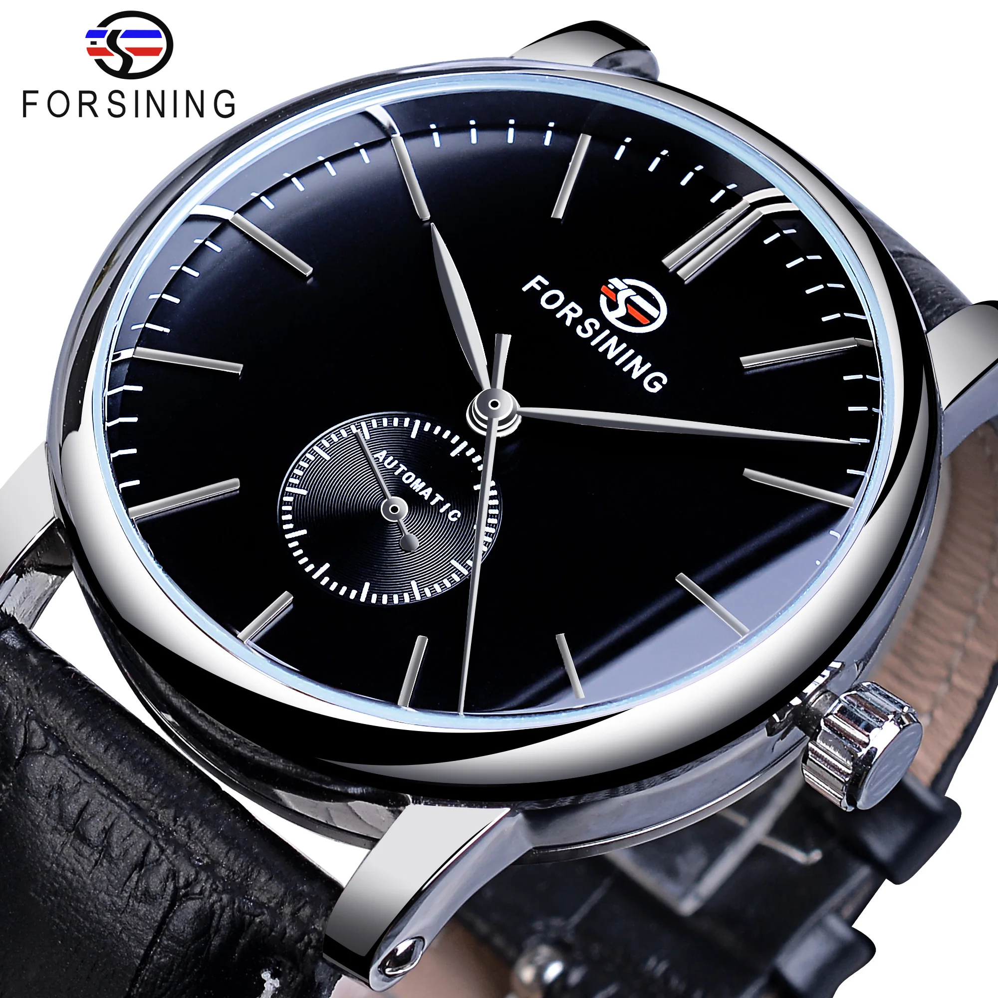 Mechanical watch black slim dial automatic casual genuine leather clock male wristwatch thumb200