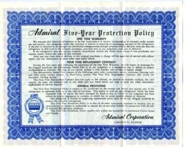 Admiral Electric Refrigerator Warranty Policy 1949 Five Year Protection ... - $14.83