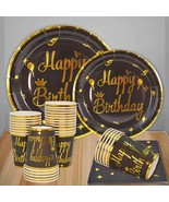 Black Happy Birthday Party Supplies for 25 Guests Gold Foil Paper Plates... - £20.43 GBP