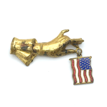 HAND holding USA flag brooch - antique gold-plated patriotic C clasp dangle pin - £23.98 GBP