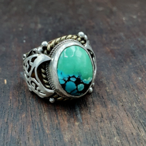 Antique Sterling Silver Inlay brass Ring With Tibetan Turquoise Gold Plated - £62.22 GBP