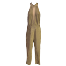 Shelley Wood Womens Jumpsuit Gold Halter Backless Zip Sheer Plunge Cropped L New - £35.70 GBP