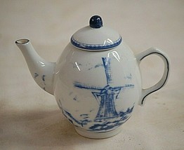 Classic Mini Teapot Cobalt Blue &amp; White Dutch Windmill Tea Pot Decorativ... - $16.82