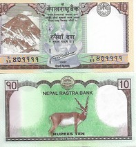 Nepal P77, 10 Rupee, Mt Everest, temple, coin / black buck, UNC, UV &amp; w/... - $1.44
