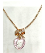 Betsey Johnson Clear Pink Heart With White Rose &amp; Bow Gold Tone Necklace... - £34.53 GBP