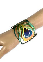 Peacock Feather Print Everyday Casual Chic Metal Print Cuff Bracelet - $13.78