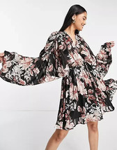 ASOS Design Blouson Mini Dress Women&#39;s 14 Black Floral Print  Kimono Sleeve - £18.97 GBP