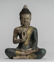 Antico Khmer Stile Cambodia Legno Seduto Buddha Statua Insegnamento Mudra - £200.52 GBP