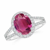 ANGARA Oval Pink Tourmaline Split Shank Halo Ring for Women in 14K Solid Gold - £2,369.42 GBP