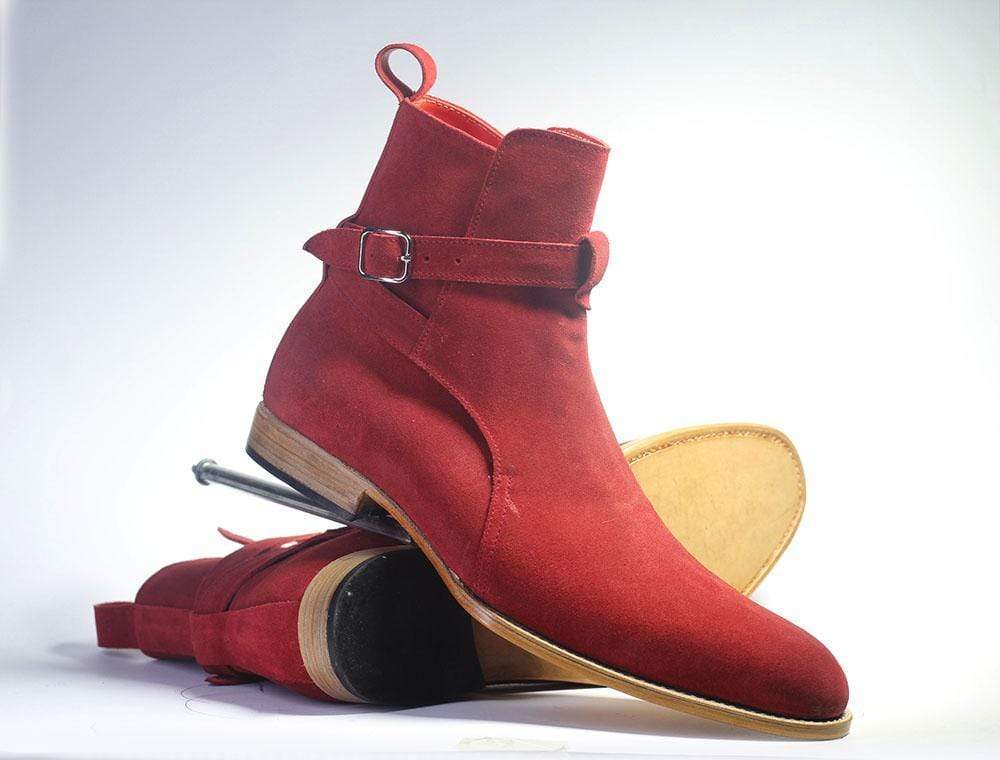 Handmade Men's Ankle High Red Suede Buckle Boots, Men Designer Jodhpurs Boots