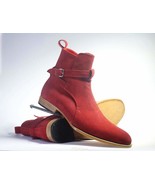 Handmade Men&#39;s Ankle High Red Suede Buckle Boots, Men Designer Jodhpurs ... - £127.88 GBP+