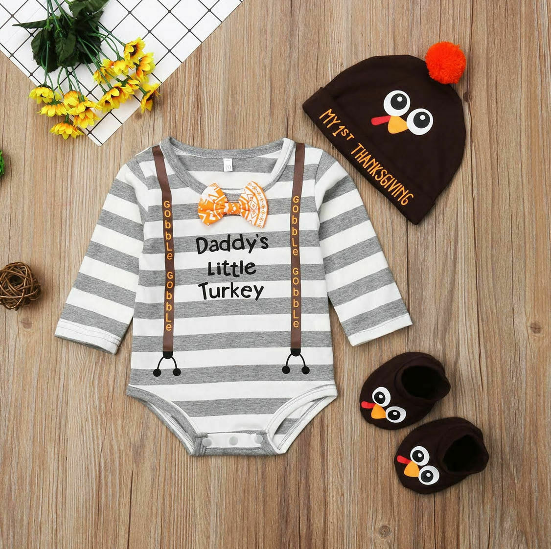 Primary image for NEW Thanksgiving Daddys little Turkey Baby Boys Bodysuit Hat Booties Outfit Set